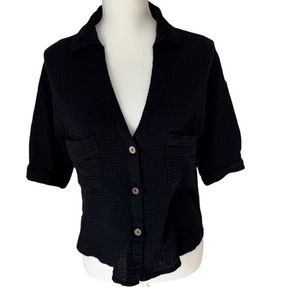 PARADISE USA Black Short Sleeve Top Size M Lightweight Cotton Vacation Cruise - Picture 1 of 11